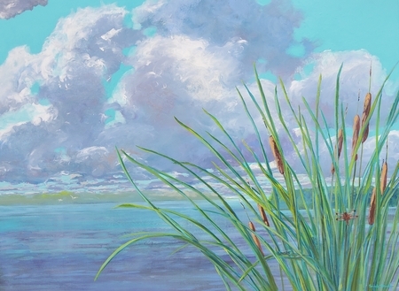 Catttails & Dragon Flies  30x40 inches  Acrylic on Wood Panel